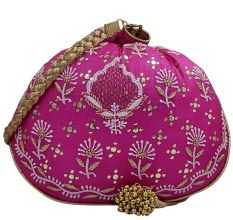 Magenta Pink Chikankari Silk Round Potli Bag for Women
